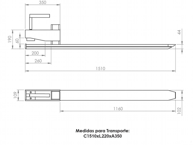 Garfo Pá Carregadeira 3000 kg Medidas